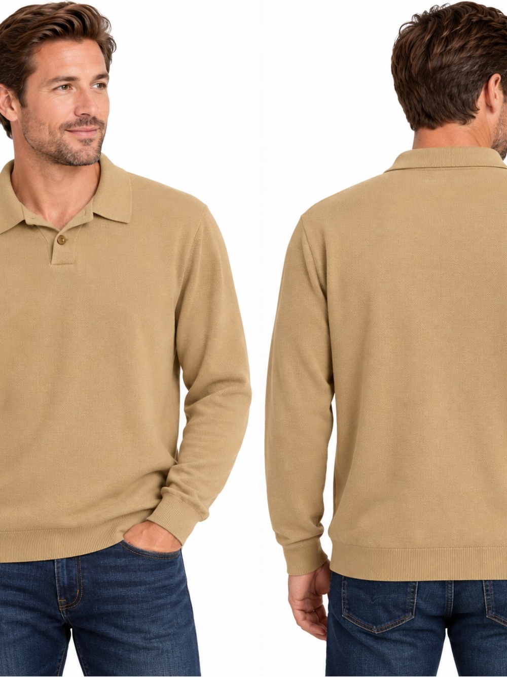 Men's Long-Sleeve Polo Sweater in Tan - 1069